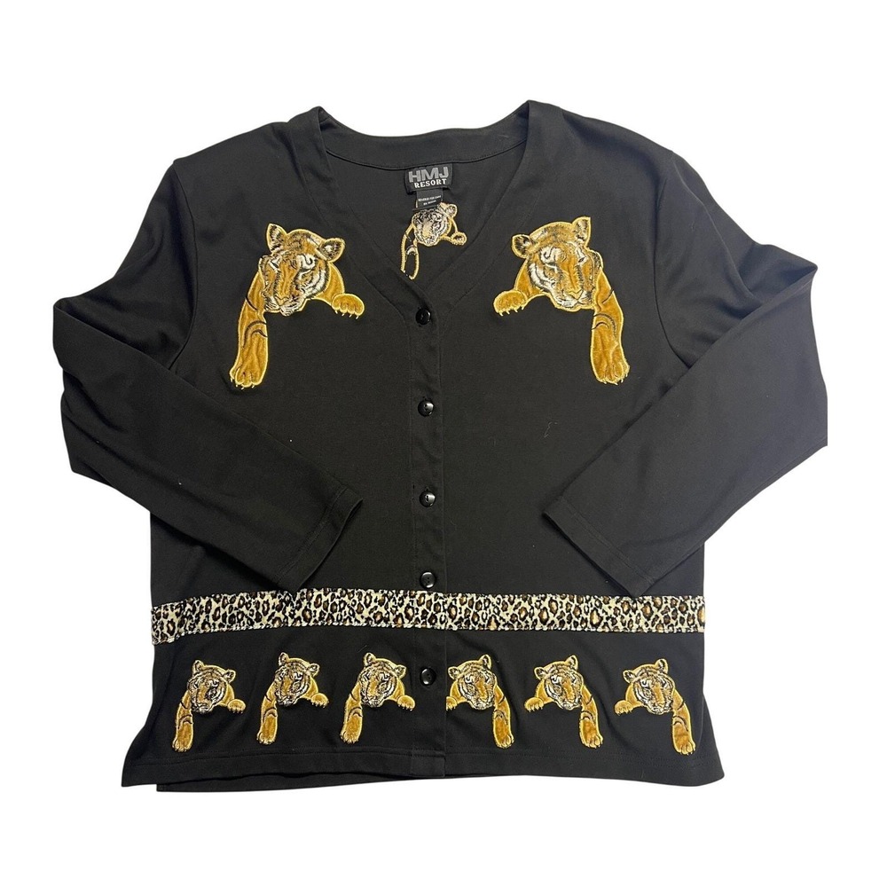 Vintage Black‎ Long Sleeve Cardigan Sweater Tiger Print Leopard Trim Women XL
